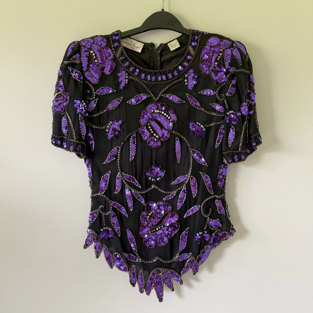 Laurence Kazar Vintage Silk Sequin Beaded Floral Blouse Purple Black Small Event